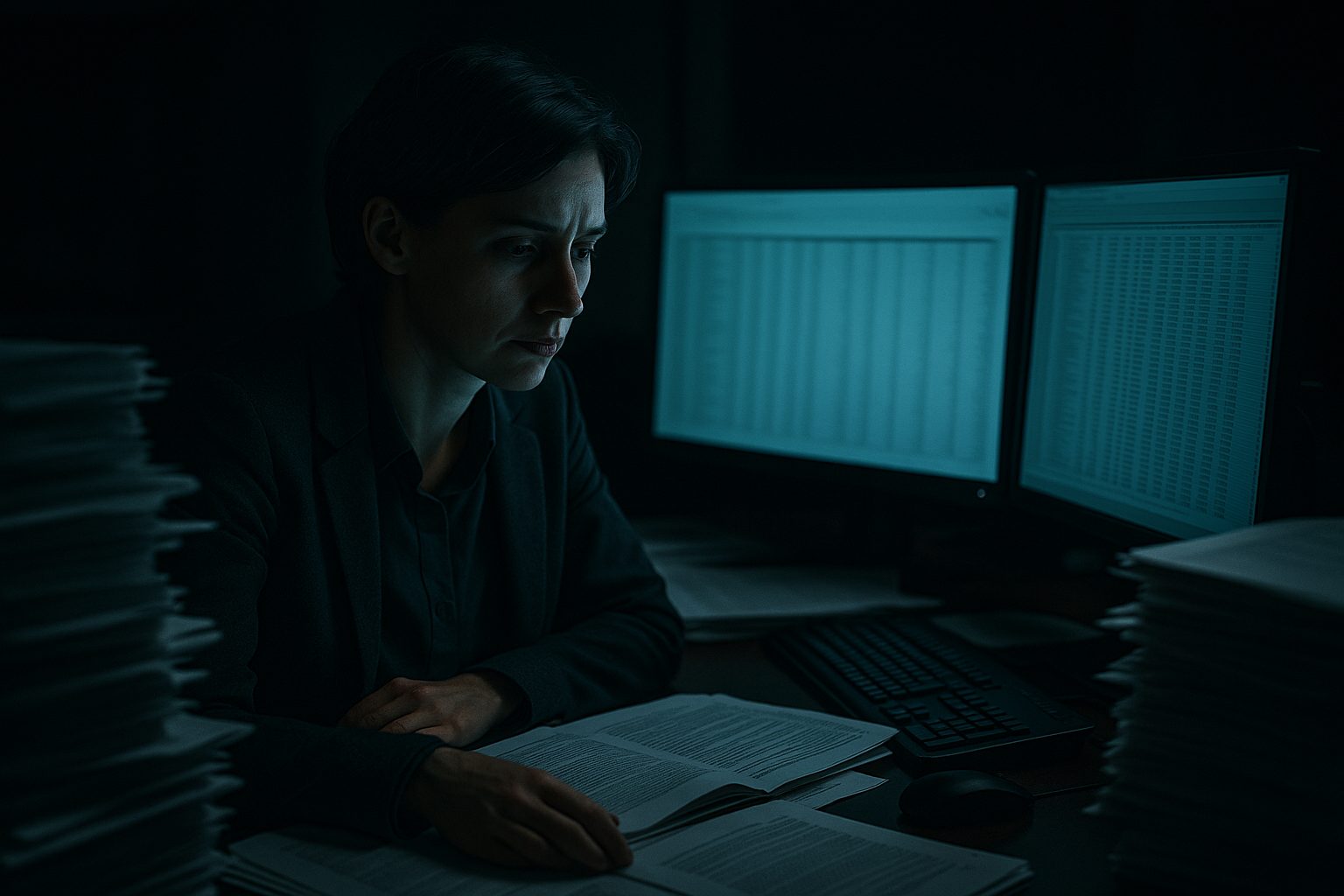 A regulatory affairs specialist working late, surrounded by printed clinical study reports and dense spreadsheets across two monitors